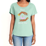 Feel the magic of wearing this mint green comfortable women's T-shirt with the name of the West African goddess Oya, and the message - "Oya Sent Me" in white letters. It has brilliant graphics of hands circling a new moon with an ankh. It is fabric laundered for relaxed fit.