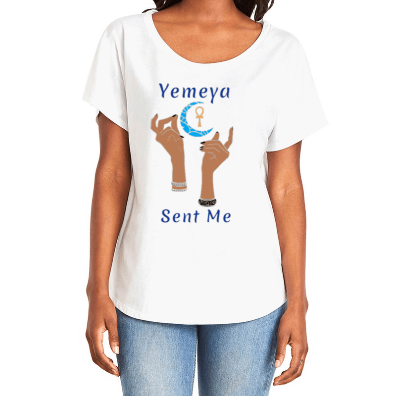 Show your true power in this magical women's white T-shirt with the name of the West African goddess Yemeya, in dark blue letters, and the message "Yemeya Sent Me." It also has a brilliant graphic of hands reaching upwards to a new moon and an ankh. It is fabric laundered for relaxed fit.