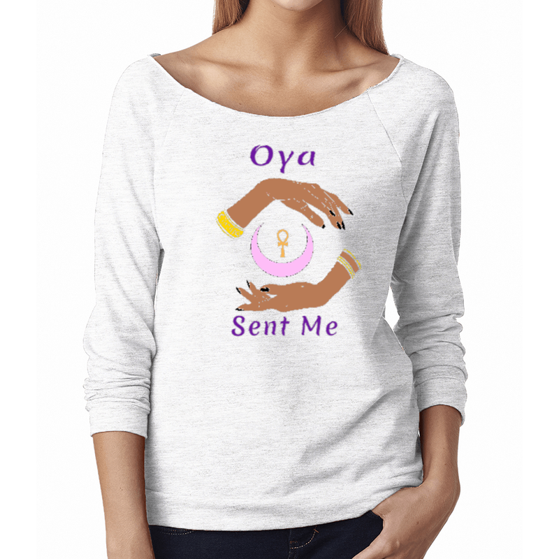 Engage in the magic of wearing this comfortable, white, 3/4 sleeves shirt with the West African goddess Oya's name, and message "Oya Sent Me." It also has brilliant graphics of hands circling a new moon with an ankh. It is lightweight and luxurious, this French terry raglan feels amazing! 50% combed ring-spun cotton/50% polyester French terry lightweight 4.9oz jersey. It is fabric laundered for reduced shrinkage. It has 30 singles for extreme softness. It has self-fabric band and cuffs.