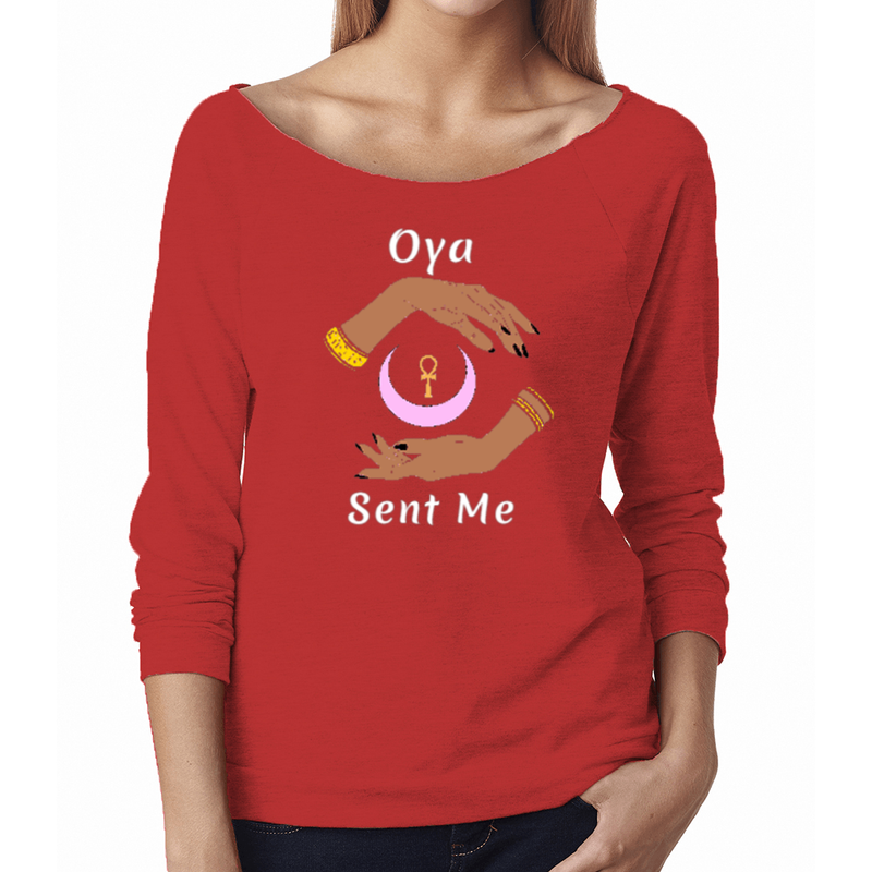 Feel the magic of wearing this comfortable shirt with the name of the West African goddess Oya and the message - "Oya Sent Me." Red, lightweight and luxurious, this French terry raglan feels amazing! 50% combed ring-spun cotton/50% polyester French terry lightweight jersey. 4.9 oz. fabric laundered for reduced shrinkage. 30 singles for extreme softness. self-fabric band and cuffs.