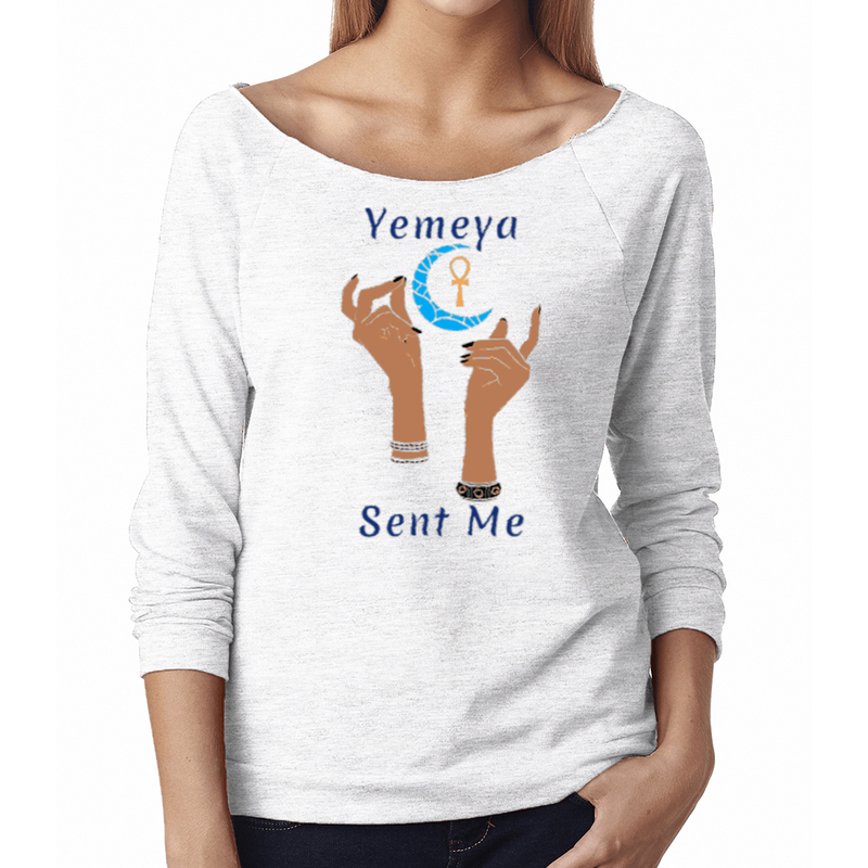 Engage in the energy of wearing this comfortable women's, white, 3/4 sleeves shirt, with the name of West African goddess Yemeya, in dark blue letters, and the message "Yemeya Sent Me." It also has a brilliant graphic of hands reaching upwards to a new moon and an ankh.  It is lightweight and luxurious. This French terry raglan feels amazing! 50% combed ring-spun cotton/50% polyester, lightweight 4.9oz jersey. It is fabric laundered for reduced shrinkage. It has self-fabric band and cuffs.