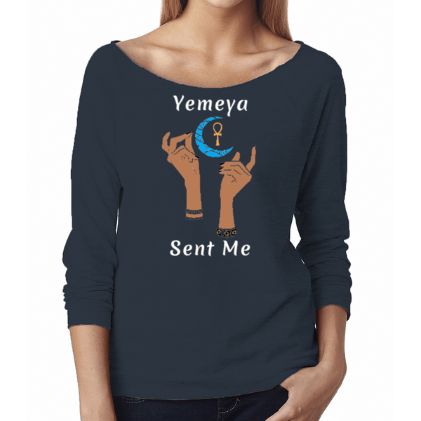 Engage in the energy of wearing this comfortable women's, navy blue, 3/4 sleeves shirt, with the name of West African goddess Yemeya, in white letters, and the message "Yemeya Sent Me." It also has a brilliant graphic of hands reaching upwards to a new moon and an ankh.  It is lightweight and luxurious. This French terry raglan feels amazing! 50% combed ring-spun cotton/50% polyester, lightweight 4.9oz jersey. It is fabric laundered for reduced shrinkage.