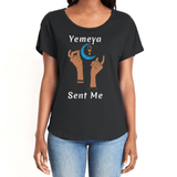 Show your true power of being, in this magical black women's T-shirt with the name of the West African goddess Yemeya, and the message "Yemeya Sent Me," in white letters. It also has a brilliant graphic of hands reaching upwards to a new moon and an ankh. It is fabric laundered for relaxed fit. 