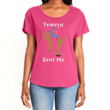 Show your true power of being, in this magical pink women's T-shirt with the name of the West African goddess Yemeya, and the message "Yemeya Sent Me," in white letters. It also has a brilliant graphic of hands reaching upwards to a new moon and an ankh. It is fabric laundered for relaxed fit.