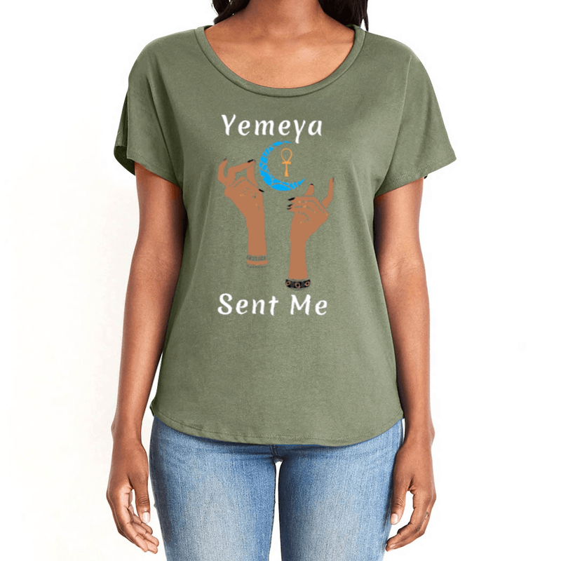 Show your true power of being, in this magical military green women's T-shirt with the name of the West African goddess Yemeya, and the message "Yemeya Sent Me," in white letters. It also has a brilliant graphic of hands reaching upwards to a new moon and an ankh. It is fabric laundered for relaxed fit.