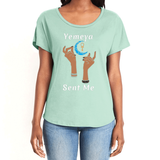 Show your true power of being, in this magical mint green women's T-shirt with the name of the West African goddess Yemeya, and the message "Yemeya Sent Me," in white letters. It also has a brilliant graphic of hands reaching upwards to a new moon and an ankh. It is fabric laundered for relaxed fit.