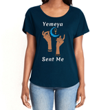 Show your true power of being, in this magical navy blue women's T-shirt with the name of the West African goddess Yemeya, and the message "Yemeya Sent Me," in white letters. It also has a brilliant graphic of hands reaching upwards to a new moon and an ankh. It is fabric laundered for relaxed fit.