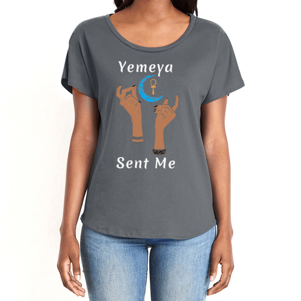 Show your true power of being, in this magical ash grey women's T-shirt with the name of the West African goddess Yemeya, and the message "Yemeya Sent Me," in white letters. It also has a brilliant graphic of hands reaching upwards to a new moon and an ankh. It is fabric laundered for relaxed fit.