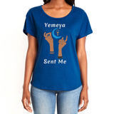 Show your true power of being, in this magical dark blue women's T-shirt with the name of the West African goddess Yemeya, and the message "Yemeya Sent Me," in white letters. It also has a brilliant graphic of hands reaching upwards to a new moon and an ankh. It is fabric laundered for relaxed fit.